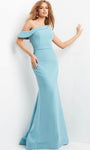 Cap Sleeves One Shoulder Asymmetric Open-Back Draped Mermaid Natural Waistline Evening Dress with a Brush/Sweep Train