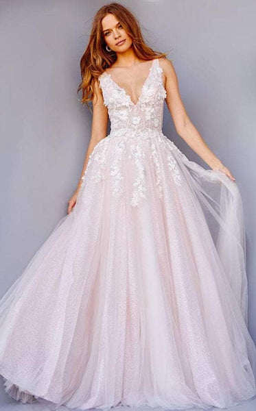A-line V-neck Back Zipper Applique Fitted Beaded Floor Length Sleeveless Natural Waistline Floral Print Wedding Dress