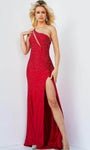 Sexy Floor Length Illusion Beaded Keyhole Open-Back Slit Asymmetric One Shoulder Sleeveless Sheath Natural Waistline Sheath Dress/Prom Dress with a Court Train