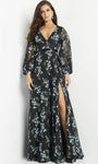 A-line V-neck Floral Print Plunging Neck Natural Waistline Bishop Sleeves Beaded Sheer Slit Evening Dress/Maxi Dress