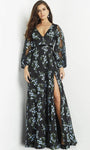 A-line V-neck Slit Beaded Sheer Bishop Sleeves Natural Waistline Floral Print Plunging Neck Evening Dress/Maxi Dress