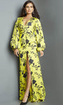 V-neck Floral Print Satin Bishop Sleeves Ruched Slit Fitted Fit-and-Flare Sheath Natural Waistline Sheath Dress/Evening Dress with a Brush/Sweep Train