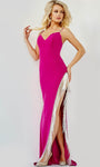 Sexy V-neck Beaded Trim Sheath Floor Length Natural Waistline Spaghetti Strap Slit V Back Open-Back Fitted Back Zipper Sheath Dress/Prom Dress with a Brush/Sweep Train