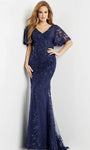 V-neck Natural Waistline Floor Length Lace Sheath Back Zipper Fitted Embroidered Sheath Dress/Evening Dress