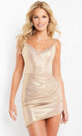 Tall V-neck Natural Waistline Pleated Fitted Glittering Sheath Cocktail Short Sleeveless Sheath Dress/Evening Dress