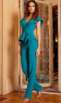 V-neck Short Sleeves Sleeves Natural Waistline Peplum Fitted Back Zipper Floor Length Crepe Jumpsuit With Ruffles