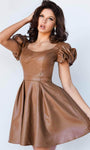 A-line Leather Puff Sleeves Sleeves Square Neck Natural Waistline Cocktail Above the Knee Back Zipper Cutout Pleated Party Dress