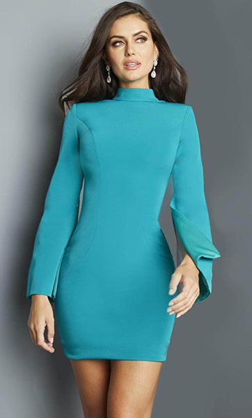 Hidden Back Zipper Sheath Natural Waistline High-Neck Bell Short Sleeves Sleeves Cocktail Short Crepe Sheath Dress