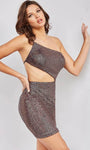 One Shoulder Sleeveless Mesh Cutout Asymmetric Open-Back Side Zipper Natural Waistline Short Sheath Sheath Dress/Party Dress