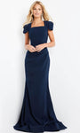 Draped Open-Back Pleated Short Sleeves Sleeves Natural Waistline Mermaid Evening Dress with a Brush/Sweep Train