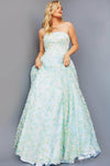 A-line Strapless Straight Neck Natural Waistline Back Zipper Floral Print Prom Dress with a Brush/Sweep Train With Rhinestones