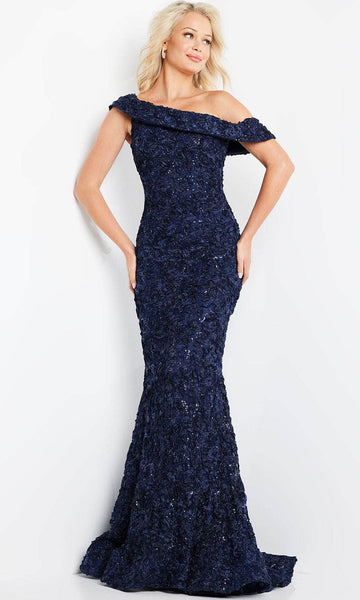 Draped Mermaid Off the Shoulder One Shoulder Natural Waistline Evening Dress with a Brush/Sweep Train