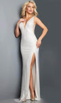 Sophisticated V-neck General Print Natural Waistline Sheath Sleeveless Sheer Slit Beaded Back Zipper Floor Length Sheath Dress/Prom Dress