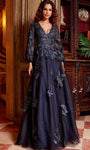 A-line V-neck Embroidered Beaded Semi Sheer Back Zipper Tulle Floor Length Natural Waistline Bishop Sleeves Evening Dress with a Brush/Sweep Train