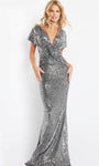 V-neck Floor Length Sequined Plunging Neck Short Sleeves Sleeves Sheath Natural Waistline Sheath Dress/Evening Dress/Mother-of-the-Bride Dress