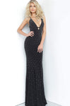 V-neck Sleeveless Spaghetti Strap Plunging Neck Sheath Floor Length Fitted Lace-Up Hidden Back Zipper Beaded Natural Waistline Jersey Sheath Dress/Evening Dress/Prom Dress with a Brush/Sweep Train