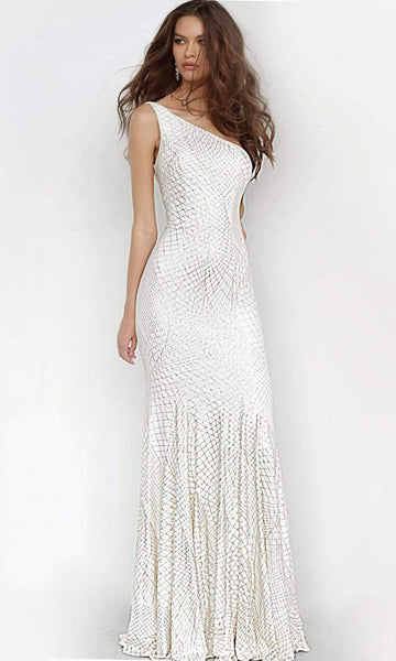 Sophisticated Jersey One Shoulder Natural Waistline Mermaid Back Zipper Glittering Open-Back Asymmetric Dress with a Brush/Sweep Train
