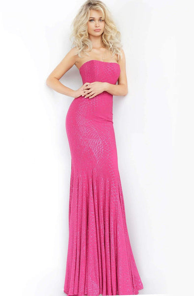 Strapless Jersey Open-Back Glittering Back Zipper Straight Neck Natural Waistline Mermaid Dress with a Brush/Sweep Train