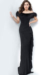 Sheath Off the Shoulder Natural Waistline Ruched Sheath Dress With Ruffles