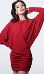 V-neck Jersey Sheath Cocktail Short Batwing Long Sleeves Dropped Waistline Ruched Fitted Jeweled Neck Pencil-Skirt Loose Fit Sheath Dress