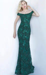 Sheath Sequined Embroidered Fitted Off the Shoulder Floral Print Natural Waistline Floor Length Sheath Dress with a Brush/Sweep Train