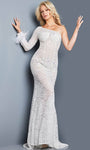 Long Sleeves One Shoulder Natural Waistline Sheath Lace Floor Length Asymmetric Sequined Sheath Dress/Evening Dress