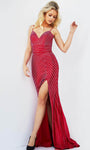 Tall Sexy V-neck Striped Print Sheath Slit Beaded Back Zipper Metallic Empire Waistline Fall Spaghetti Strap Sheath Dress/Prom Dress with a Brush/Sweep Train