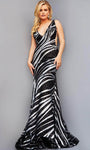 V-neck Floor Length Illusion Cutout Back Zipper Open-Back Sequined Animal Zebra Striped Print Natural Waistline Plunging Neck Mermaid Prom Dress with a Brush/Sweep Train