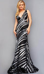 V-neck Mermaid Animal Zebra Striped Print Back Zipper Open-Back Cutout Sequined Illusion Natural Waistline Plunging Neck Floor Length Prom Dress with a Brush/Sweep Train