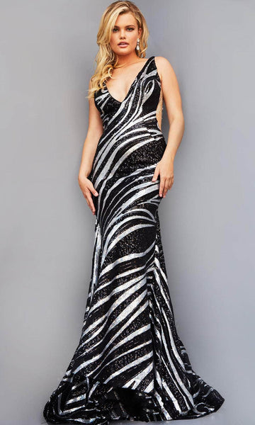 V-neck Natural Waistline Floor Length Sequined Illusion Cutout Open-Back Back Zipper Plunging Neck Animal Zebra Striped Print Mermaid Prom Dress with a Brush/Sweep Train