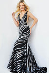 V-neck Animal Zebra Striped Print Cutout Back Zipper Sequined Open-Back Illusion Plunging Neck Floor Length Mermaid Natural Waistline Prom Dress with a Brush/Sweep Train