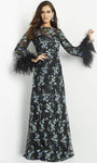 A-line V-neck Sheer Illusion Natural Waistline Floral Print Sheer Long Sleeves Evening Dress