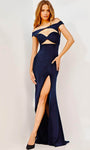 Sexy Short Sleeves Sleeves Off the Shoulder Jersey Sheath Back Zipper Cutout Slit Fitted Natural Waistline Sheath Dress/Evening Dress/Pageant Dress with a Brush/Sweep Train