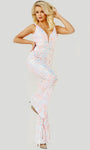 V-neck Natural Waistline Sleeveless Sequined Back Zipper Mesh Jumpsuit