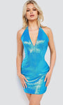 V-neck Sheath Open-Back Back Zipper Sequined Fitted Cocktail Above the Knee Halter Plunging Neck Natural Waistline Sleeveless Sheath Dress