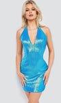 V-neck Sheath Open-Back Fitted Sequined Halter Plunging Neck Cocktail Short Sleeveless Sheath Dress by Jovani