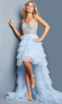 A-line V-neck High-Low-Hem Tiered Beaded Natural Waistline Sleeveless Spaghetti Strap Prom Dress