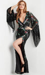 Sexy V-neck Plunging Neck Natural Waistline Floral Print Long Sleeves Sheath Floor Length Slit Draped Sequined Fitted Embroidered Sheath Dress/Evening Dress