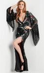 Sexy V-neck Plunging Neck Natural Waistline Sheath Long Sleeves Sequined Fitted Embroidered Slit Draped Floral Print Floor Length Sheath Dress/Evening Dress