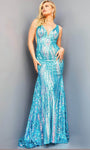 V-neck Plunging Neck Natural Waistline Floor Length Sleeveless Illusion Back Zipper Open-Back Sheer Sequined Cutout Mermaid Prom Dress with a Brush/Sweep Train