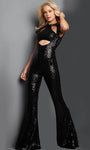 Fitted Cutout Belted Sequined High-Neck Natural Waistline Cap Sleeves Floor Length Jumpsuit