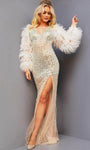 V-neck Sequined Crystal Open-Back Beaded Mesh Fitted Slit Cutout Sheer Natural Waistline Floor Length Sheath Long Sleeves Sleeveless Sheath Dress