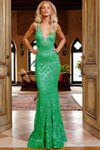 Sexy Sophisticated V-neck Natural Waistline Sleeveless Mermaid Plunging Neck Illusion Sequined Prom Dress with a Brush/Sweep Train