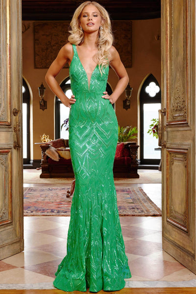 Sexy Sophisticated V-neck Mermaid Plunging Neck Natural Waistline Sleeveless Illusion Sequined Prom Dress with a Brush/Sweep Train