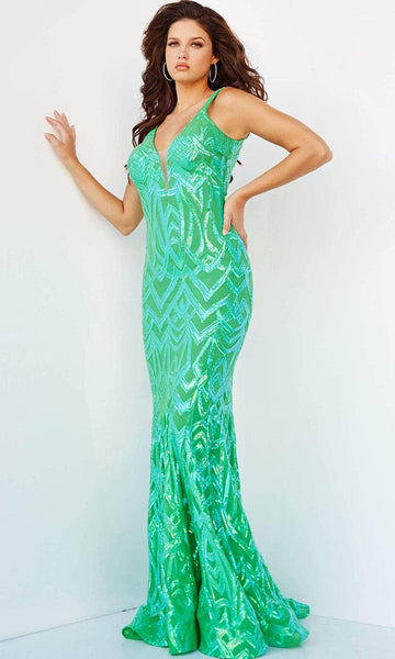 Sexy Sophisticated V-neck Illusion Sequined Natural Waistline Mermaid Plunging Neck Sleeveless Prom Dress with a Brush/Sweep Train