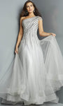 A-line Beaded Asymmetric Natural Waistline Tulle Floor Length Evening Dress/Pageant Dress with a Brush/Sweep Train