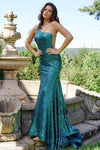 Mermaid Sleeveless Floor Length Natural Waistline Open-Back Asymmetric Sequined Back Zipper Illusion Prom Dress with a Court Train