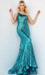 Mermaid Floor Length Sleeveless Natural Waistline Asymmetric Back Zipper Sequined Illusion Open-Back Prom Dress with a Court Train