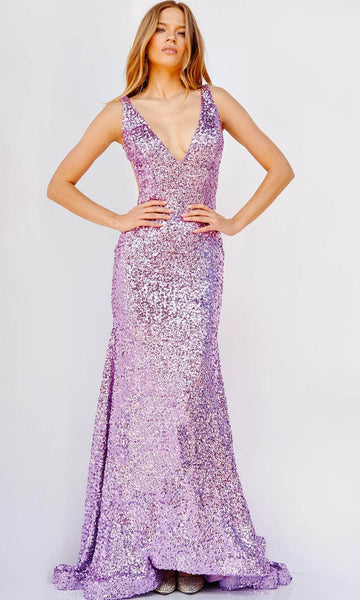 V-neck Mermaid Floor Length Plunging Neck Natural Waistline Sleeveless Open-Back Back Zipper Sequined Illusion Prom Dress with a Court Train