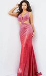 V-neck Sheath Plunging Neck Floor Length Natural Waistline Beaded Open-Back Fitted Sheer Back Zipper Cutout Sheath Dress/Prom Dress with a Brush/Sweep Train